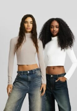 BERSHKA High Collar Pack Of 2 Maglietta A Manica LungaBeige Donna T-shirt E Top BEJ21D1RD-B11