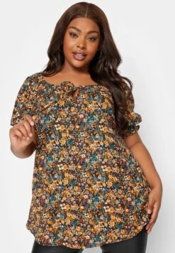 Floral Print Puff Sleeve Gypsy CamicettaBurnt Orange Donna Camicie E Bluse YOD21D0VZ-H11